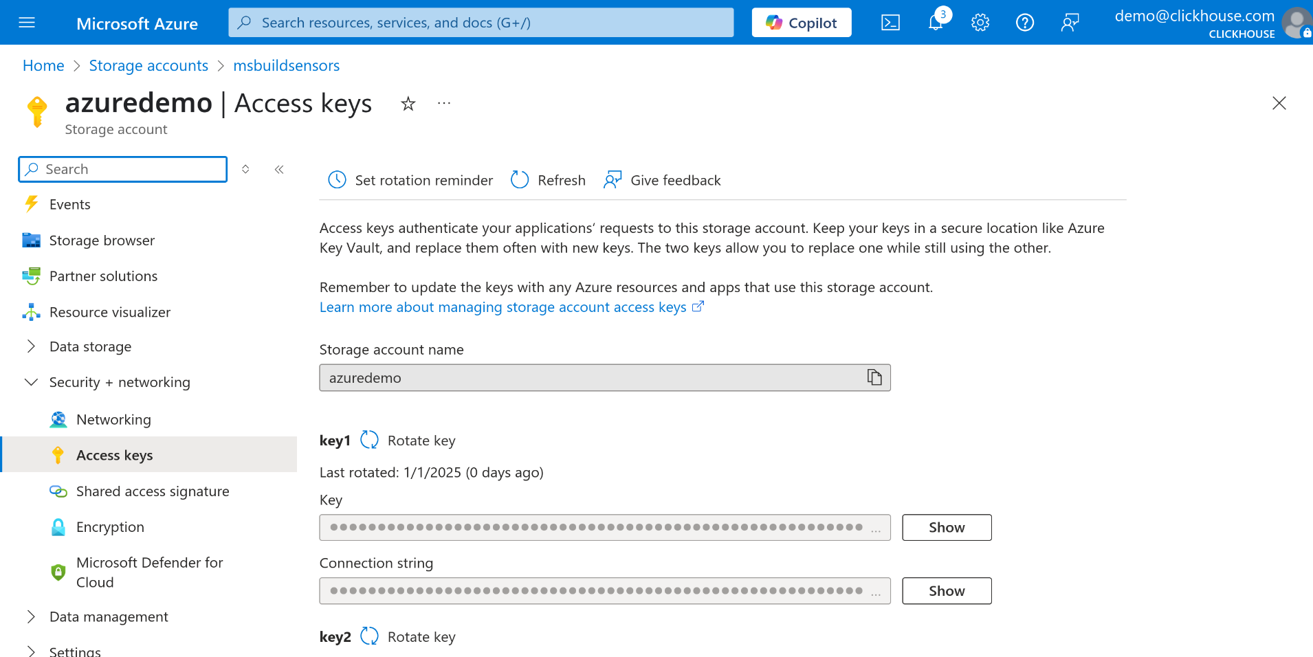 Ключи доступа к хранилищу Azure