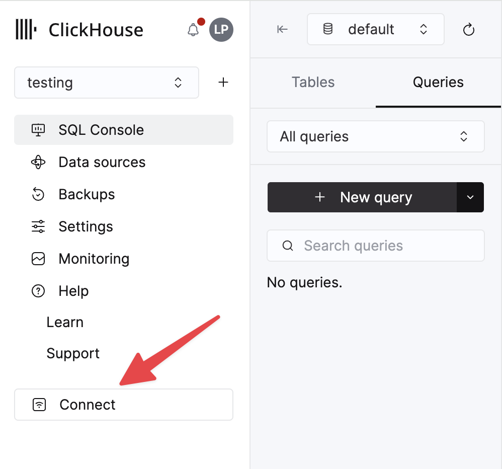 Кнопка подключения сервиса ClickHouse Cloud