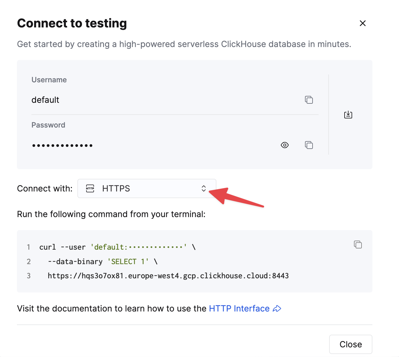 Параметры HTTPS-подключения ClickHouse Cloud