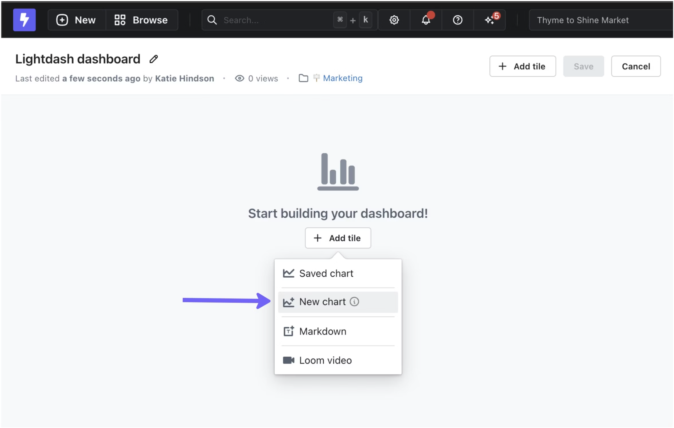Создание и организация диаграмм в дашборде Lightdash