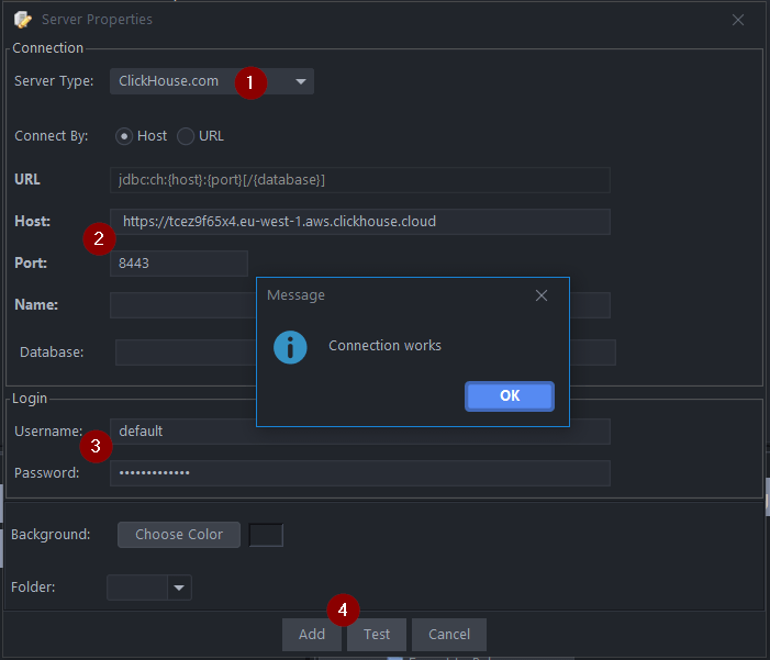 Экран настройки подключения базы данных QStudio с параметрами подключения к ClickHouse