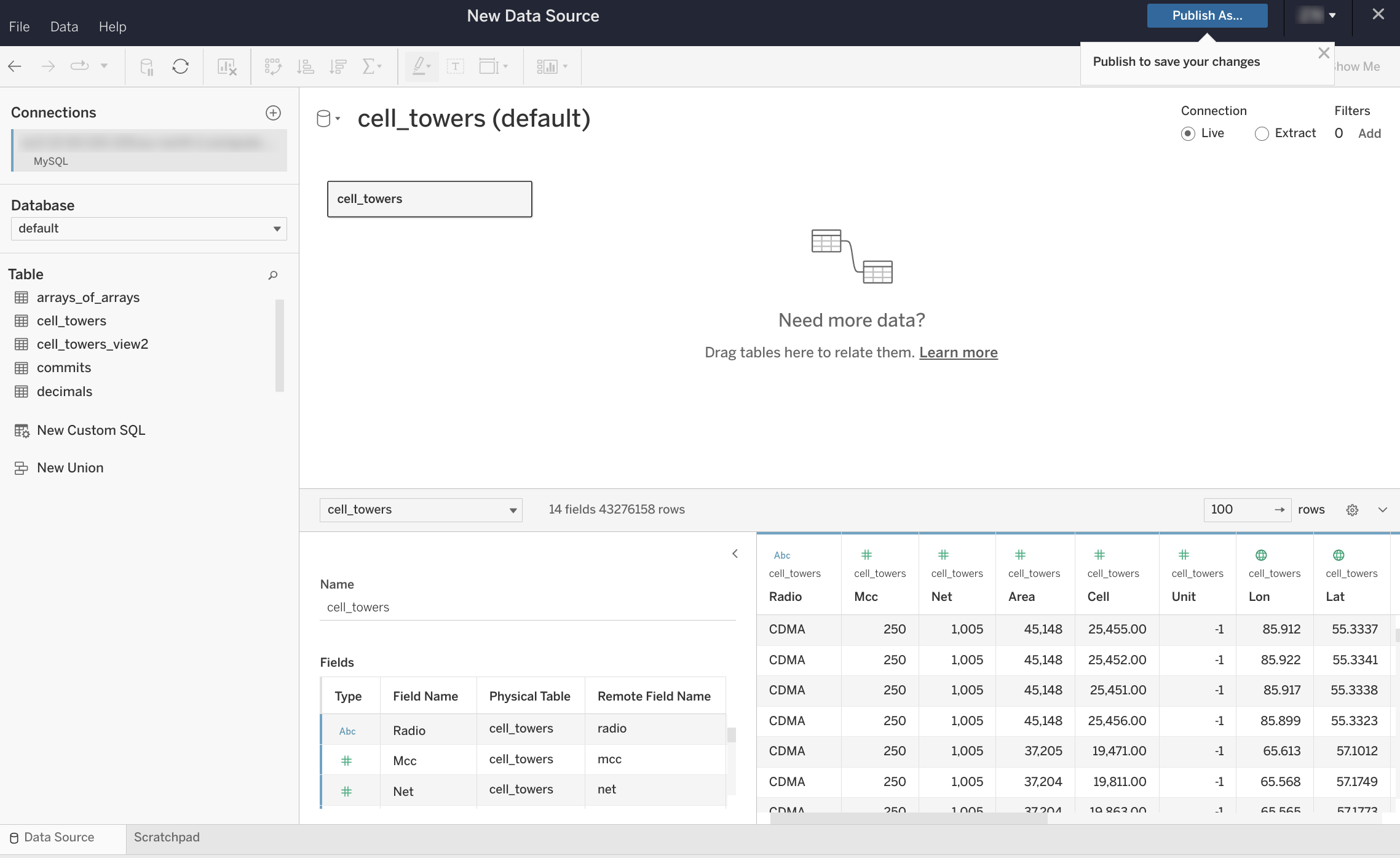 Страница источника данных Tableau Online с таблицами базы данных слева и рабочей областью справа с поддержкой перетаскивания